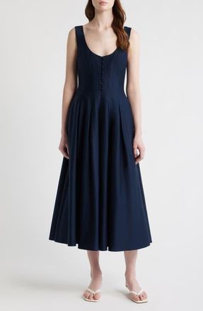 French Connection Pleated Sleeveless Sateen Midi Dress in Marine at Nordstrom, Size 12