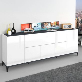 Dmora Aparador Moderno 6 Puertas, Made In Italy, Aparador De Cocina Elevado, Buffet De Dise&ntilde;o De Sal&oacute;n, Cm 200x40h82, Blanco Brillo Y Pizarra, Con Embalaje 