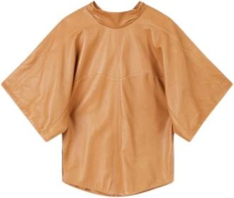Isabel Marant Camelkleurig leren shirt met korte mouwen - Dames - T-shirts - Bruin - S - Leer - Tops