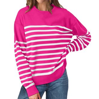 Generic Sweatshirts for Women Crewneck Long Sleeve Striped Tops Lightweight Fashion 2024 Womans Clothes (Hot Pink, L)