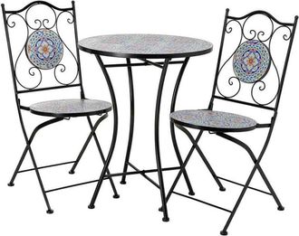 Wanderlust Deco Conjunto Mesa Y 2 Sillas De Mosaico Y Forja Negro, Mesa:d60x75h-silla(2):d38x46-90h