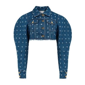 Nina Ricci Jassen, Dames, Blauw, M, Denim, Distressed Cropped Denim Jas