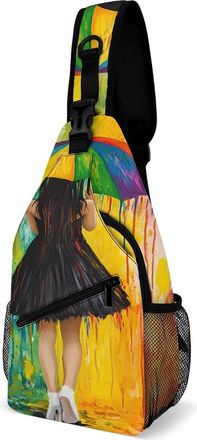 Generic Black Dress Woman Holding Umbrella Colorful Mens Shoulder Bags Sling Crossbody Backpack Travel Hiking Chest Bag with Small Side 38x20cm