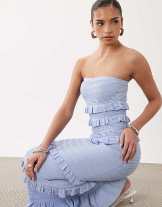 Gina Tricot Gina Tricot - Vestito lungo a fascia blu a balze con volant