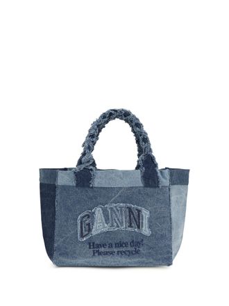 Ganni Womens Denim Trapeze Shopper Mid Blue Vintage Cotton Handbags Hand Bags