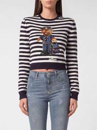 Philipp Plein Maglia cropped in misto lana con stampa Teddy Bear a righe