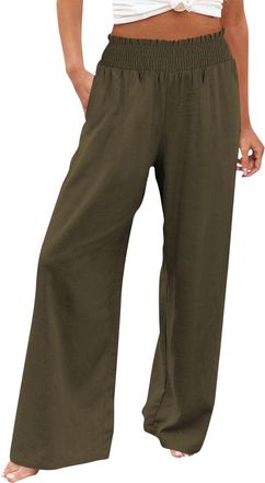Generic Beach Pants Women Cotton Linen Trousers Womens Summer Casual Elastic High Waist Long Pants with Pockets Fashion Straight Palazzo Wide Leg Tummy Contro