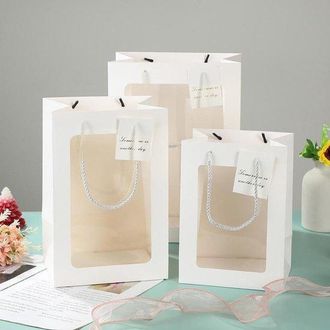 OEM Bolsas De Regalo Blancas De Lujo Con Ventana, Juego De 6 Piezas, Bolsas De Papel Para Flores Y Regalos, Bolsa De Transporte Resistente