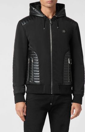 Philipp Plein Leather and Polyester Bomber Jacket with Hood and Hexagon Logo