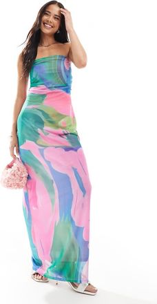 Vero Moda mesh bandeau maxi dress in pink and blue abstract-Multi
