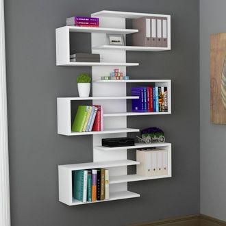 Dmora Librer&iacute;a Trenzano, Biblioteca 11 Estantes, Instalaci&oacute;n De Pared, 75x21x161h Cm Blanco