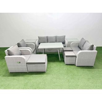 Fimous Pe Rattan Garden Furniture Set Outdoor Rectangular Dining Table Sofa Set with Reclining Chair 3 Stool 2 Side Tables Light Grey - Fimous