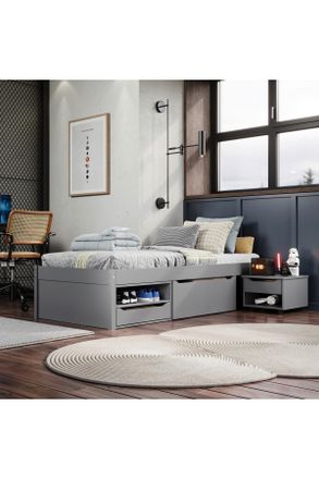 MID.YOU Mid.you Stauraumbett, Grau, Holz, Kiefer, massiv, 5 F&auml;cher, 3 Schubladen, H&ouml;he ca. 20 cm, 90x200 cm, FSC MIX, Lattenrost, mit Schubk&auml;sten, Babym&ouml;bel &