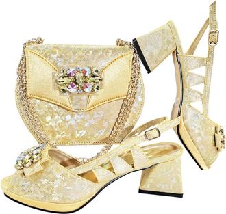 Generic Women Open Toe Sandals and Matching Bag Set Wedding Party Business Office Shoes Suit Gold