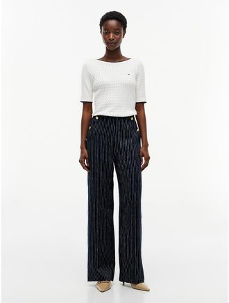 Tommy Hilfiger Womens Gold-Button Striped Wide Leg Pant - Navy - 4