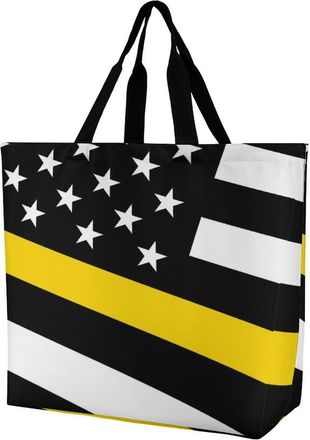 Generic US Thin Yellow Line Flag Reusable Shopping Bags One Shoulder Grocery Tote Bag Waterproof Big Purse for Work Travel
