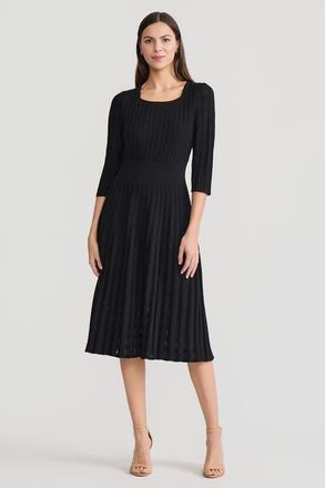 Ming Wang Linear Pointelle Tonal Knit Fit-N-Flare Midi Dress in Black at Nordstrom, Size Large