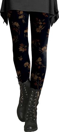 Generic Womens Dark Green Floral Print Leggings, High Waist Slim Fit Gothic Tights, Stretchy and Comfortable Vintage Patterned Bottoms, Stylish Elastic Hallow