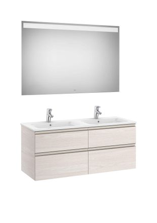 Roca Roca - Pack De Mueble Base De Cuatro Cajones, Lavabo Doble Y Espejo Led The Gap Color: Fresno N&oacute;rdico