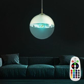 ETC Shop Lampada a sospensione, dimmerabile, sfera di vetro, lampada a sospensione a soffitto, telecomando in un set di lampadine LED RGB