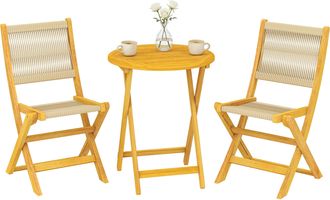 OUTSUNNY Conjunto De Mesa Y Sillas De Terraza Exterior De Madera 3 Piezas, Con 2 Sillas Plegables, Asiento De Cuerda Pp, Mesa Redonda, Natural