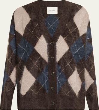 Lisa Yang Elaria Argyle Fuzzy Cashmere V-Neck Cardigan
