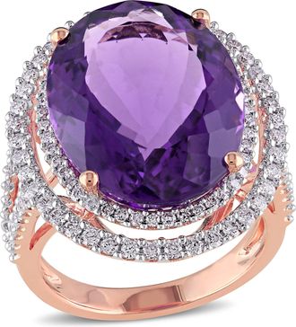 Mimi & Max 19 1/3ct TGW Amethyst 7/8ct TW Diamond Cocktail Ring 14k Rose Gold