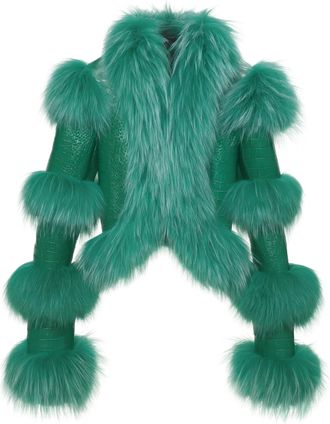 Wanan Luxury Giacca Luna Verde in Pelle e Pelliccia di Volpe-Donna -Fucsia