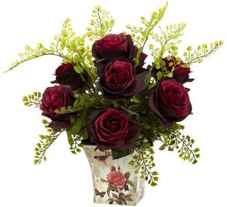 Nearly Natural Rose & Maiden Hair with Floral Planter in Burgundy at Nordstrom