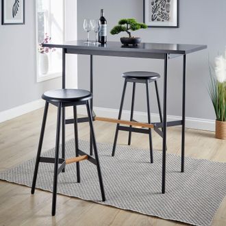 Home Source Industries Bar Table Stool Set 120cm Black Metal Frame Solid Oak Crossbar Kitchen