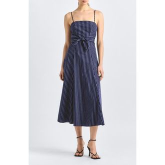 Derek Lam Zandra Tie Waist Sleeveless Midi Dress in Dark Navy Stripe at Nordstrom, Size 00