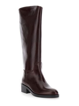 Jeffrey Campbell Womens Brown Knee High Boots With Block Heel Cow Leather
