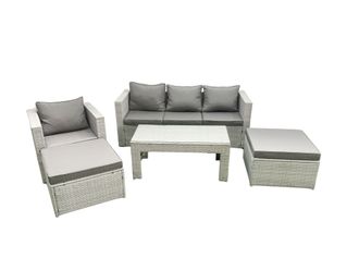 Fimous Outdoor Rattan Garden Furniture Set with Grey Cushions Luxury 6 Seater with 2 Big Footstools & Coffee Table For Conservatory, Patio