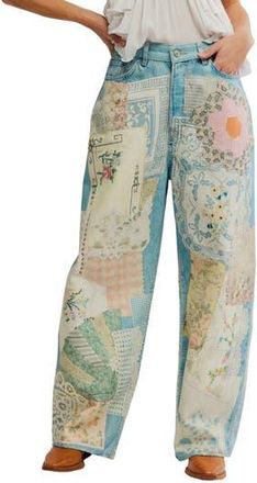 Free People Illusions Patchwork Barrel Leg Jeans in Sky Combo at Nordstrom Rack, Size 24