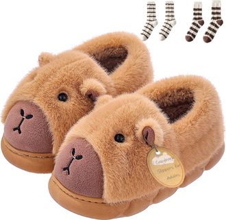 Generic Capybara Slippers for Adults - Plush 3D Indoor Slippers, Warm, Soft & Non-Slip, Men & Women (Khaki-B, One Size, Adult, Women, 9, Numeric Range, UK Foo