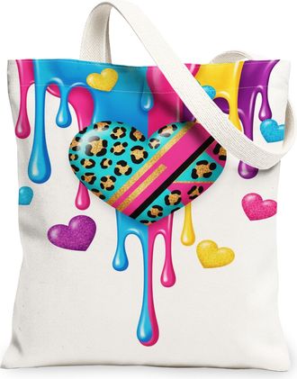 Generic Heart Drip Canvas Tote Bags, Colorful Animal Print Reusable Grocery Bags, Summer Fun Chic Lightweight Washable Shoulder Str, Colorful, 13x15 Inch