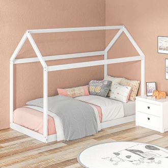 HOMCOM Wooden Single Bed Frame with Tree House Style White - Homcom