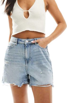 Pieces frayed bottom denim shorts in light blue