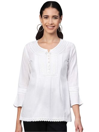 ADA Indian Hand Embroidered Chikan Work Womens Cotton Top Tunic Blouse Shirt A371889, M, White
