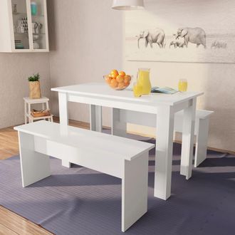 vidaXL Vidaxl - Mesa De Comedor Y Bancos 3 Piezas Madera Contrachapada Blanca
