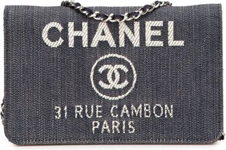 Chanel Navy White Denim Leather Chain/Shoulder Wallet (Pre-Owned)