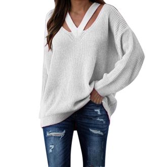 Generic Chunky Jumpers for Women UK Womens Roll Neck Top Womens V Neck Oversized Fall Sweater Sexy Long Sleeve Knit Pullover Top Clothing Ladies Jumpers Xmas 