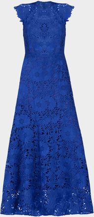 Shoshanna Raven Cap-Sleeve Floral Lace Gown
