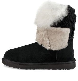 UGG (WMNS) UGG Classic Short Patchwork Fluff Stay Warm Cozy Fleece Lined Black 1098071-BLK