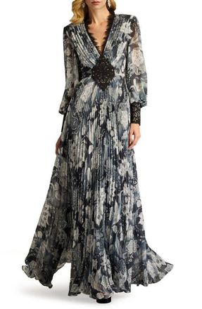 Tadashi Shoji Paisley Floral Lace Detail Long Sleeve Pleated Georgette Gown in Ivory/Black at Nordstrom, Size 4