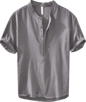 Generic Mens Linen Shirts UK - Mens Button Down Grandad Shirt Short Sleeved Plain Hawaiian T Shirts Mens Hippie Shirts V-Neck T-Shirts for Men Lightweight Hol