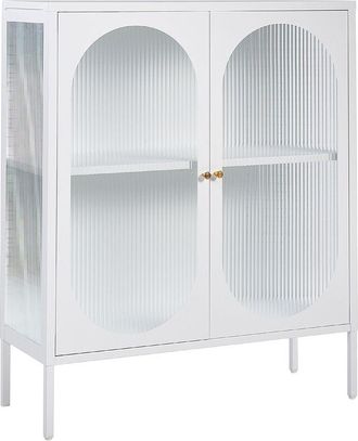Beliani Aparador de metal blanco dorado 90 x 35 cm 2 puertas cristal frontal lateral Sarre