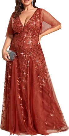 Ever-pretty Women Plus Size Evening Dress Sequins Floor Length Short Sleeves Burnt Orange 26
