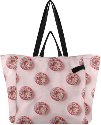 Generic Donuts Pink print Reusable Canvas Tote Bag, Heavy Duty Grocery Shopping Bag with Double Handles Hard Bottom Large Capacity Work Groceries Travel