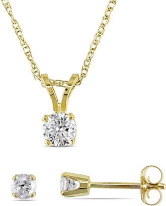 Amour 1/2 CT TW Diamond Solitaire Pendant with Chain and Stud Earrings 2-piece Set In 14K Yellow Gold